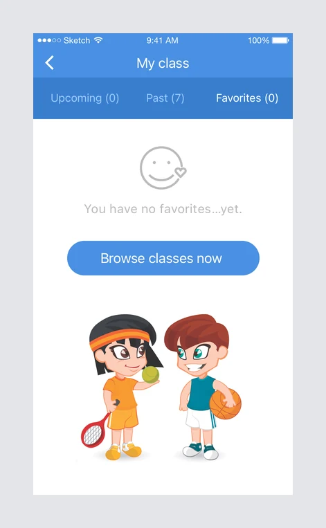 An empty favourites tab reading 'You have no favorites…yet.' with a small line illustration and a button labelled Browse classes now.