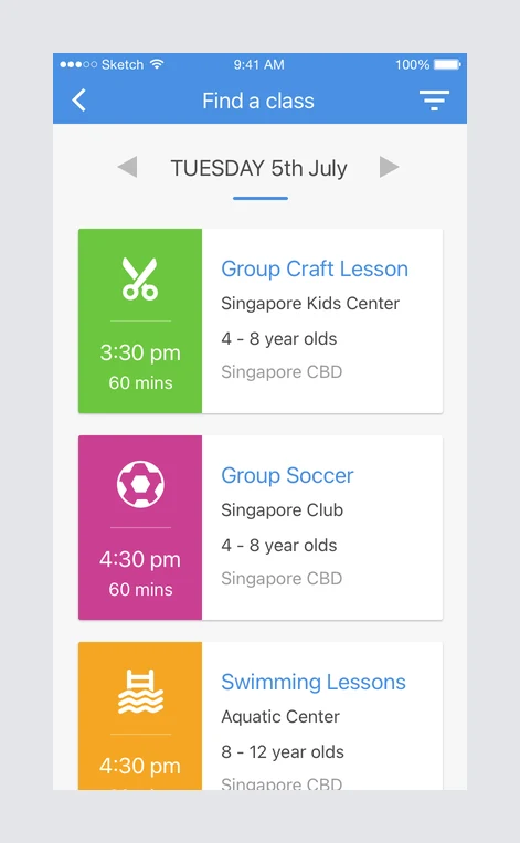 A class listing for a single day, each row carrying a coloured activity block with an icon, the start time and duration, the class name, venue, age range and location.