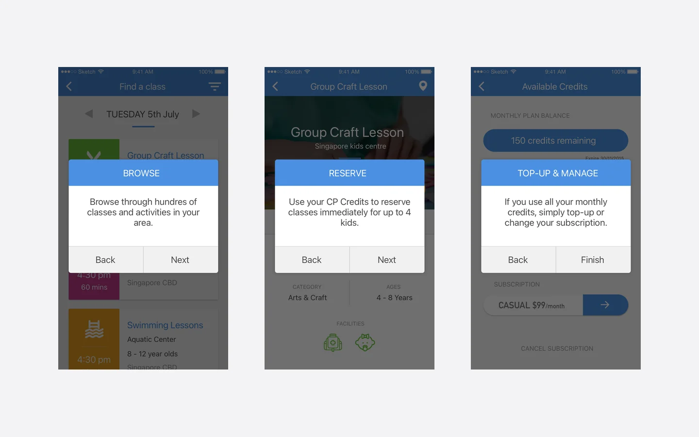 Three ChildsPass onboarding screens, each showing a short explanation card — Browse, Reserve, Top-up and Manage — overlaid on the real screen it describes rather than on an illustration.