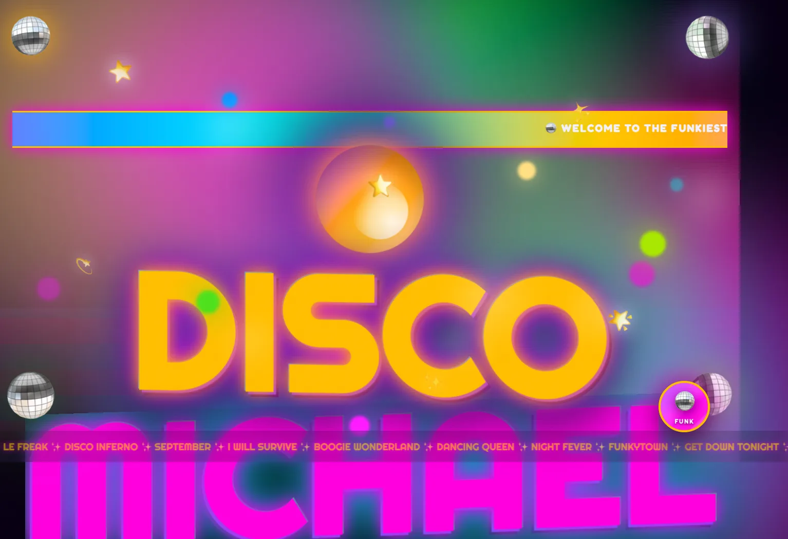 Top of the full desktop storefront scroll, showing the glowing DISCO MICHAEL logo lockup and a scrolling song-title marquee.