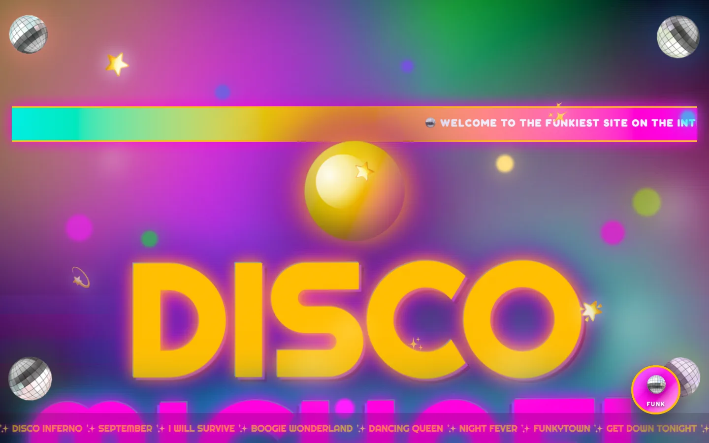 Disco Michael merch store hero banner: glowing 70s-disco lettering over a psychedelic gradient background with disco balls.