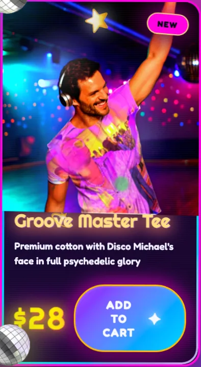 A product card on the Disco Michael store mid-hover, tilted in 3D with an elevated shadow and detail reveal.