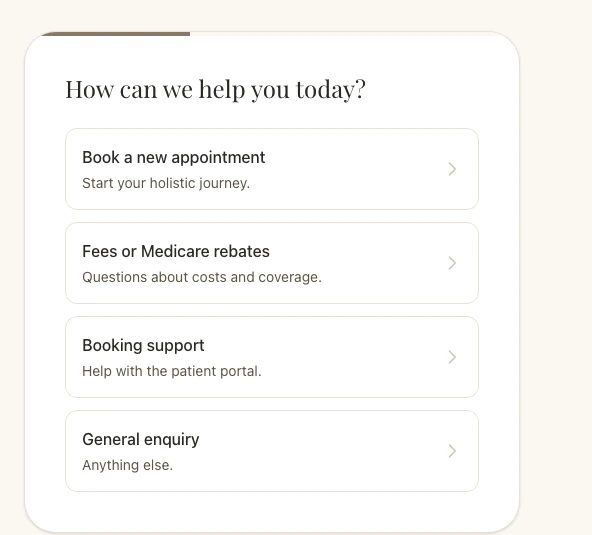 A contact/booking card titled 'How can we help you today?' with four routed options: book a new appointment, fees or Medicare rebates, booking support, and general enquiry.