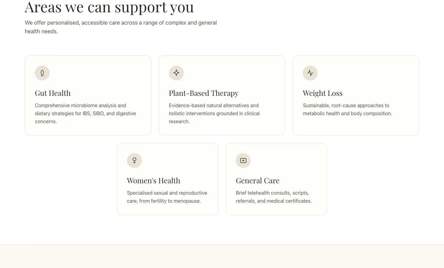 Five service cards — Gut Health, Plant-Based Therapy, Weight Loss, Women's Health, General Care — each with a small line icon and one sentence.