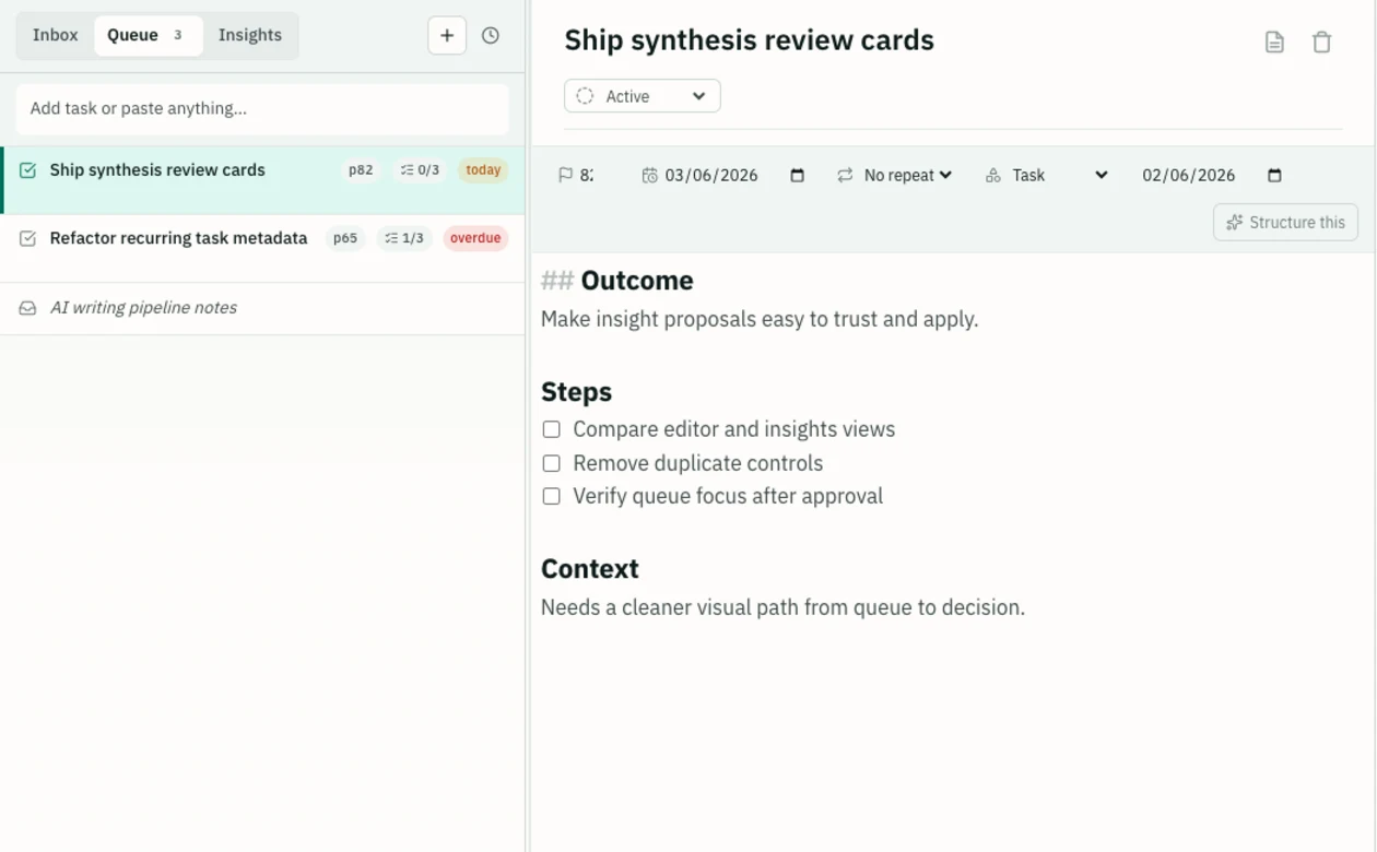 Kaikki task workspace showing a work queue beside a structured task with its outcome, steps and context