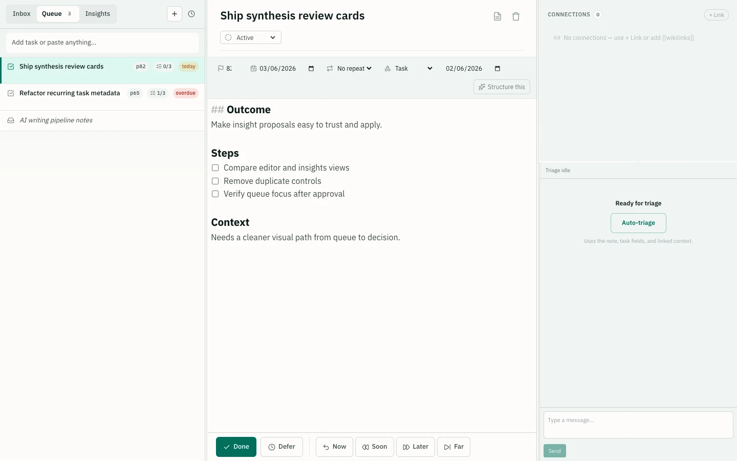 Kaikki workspace showing a queue, a structured task and the connected AI triage panel
