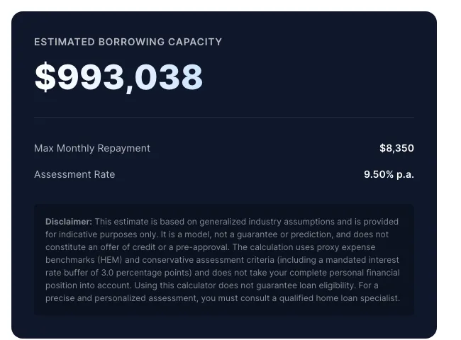 Borrowing power calculator result card: 'Estimated Borrowing Capacity $993,038', max monthly repayment, assessment rate, and a full compliance disclaimer.
