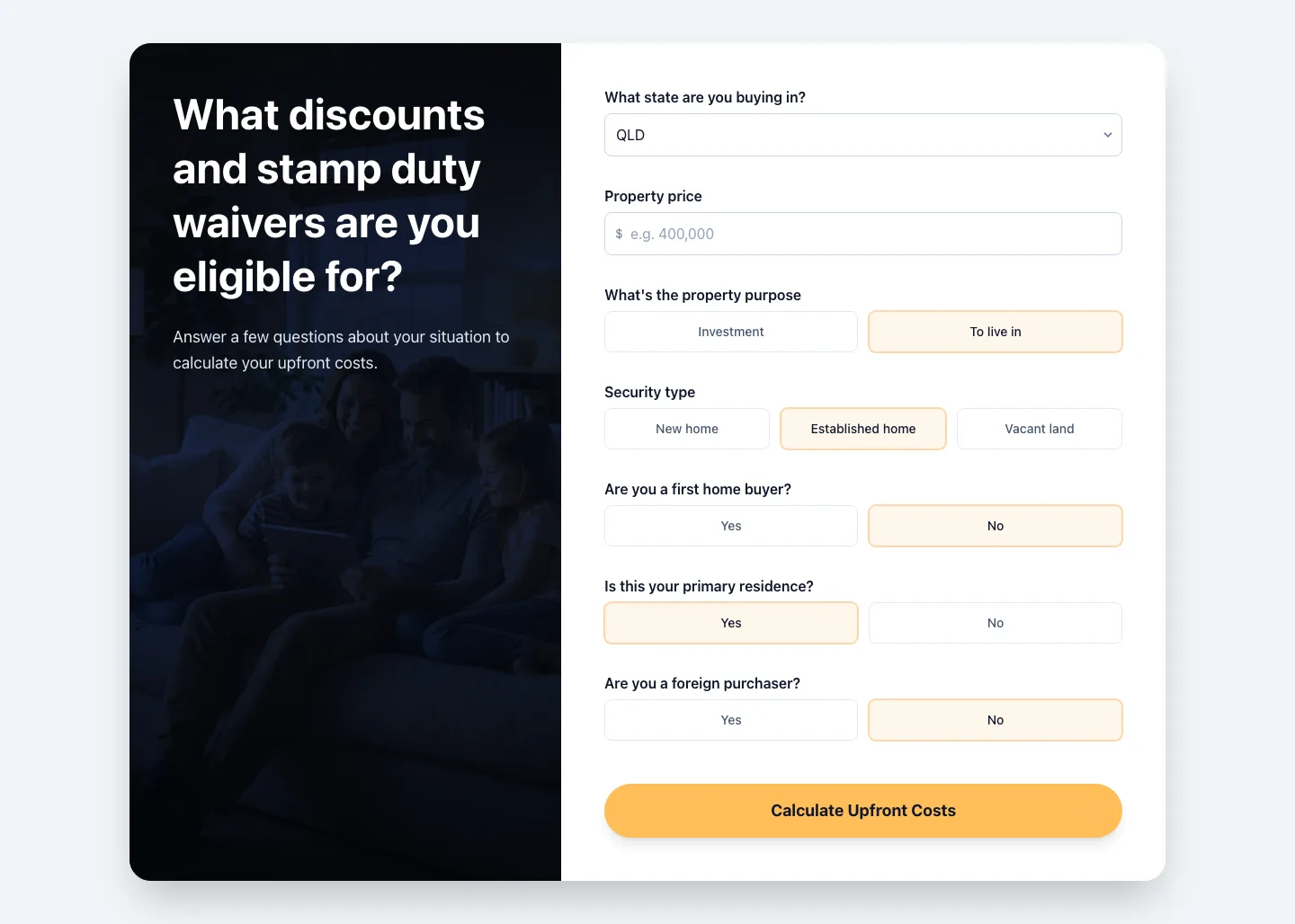 Stamp duty calculator input form: state, property price, property purpose, security type, first-home-buyer and residency toggle questions, beside a dark hero panel reading 'What discounts and stamp duty waivers are you eligible for?'