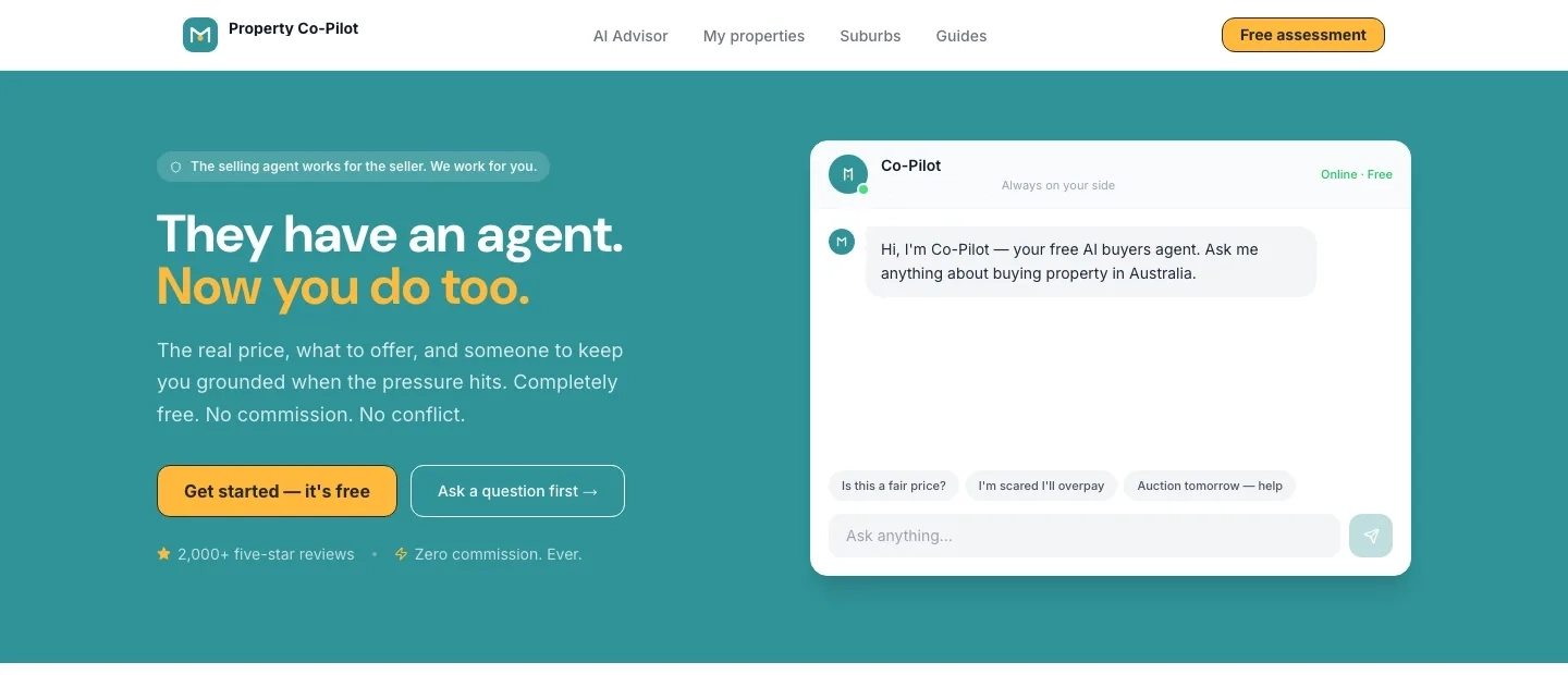 Property Co-Pilot live homepage: 'They have an agent. Now you do too.' headline beside an embedded AI chat widget offering free buyer's-agent advice.