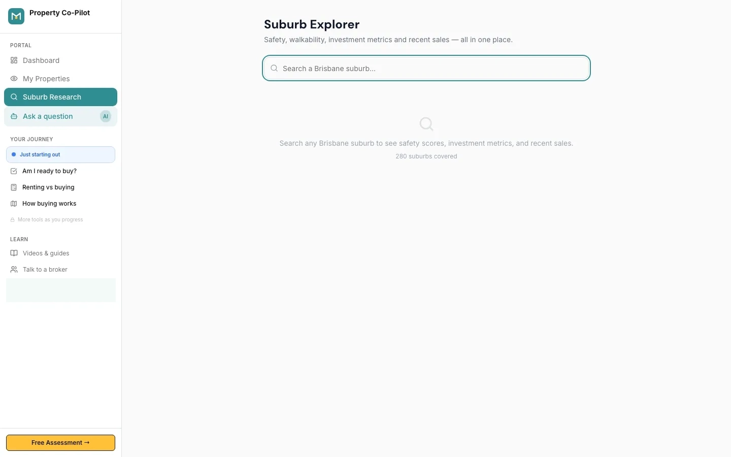 Property Co-Pilot's Suburb Explorer inner dashboard, with a search sidebar and suburb-level data view, reached with no login required.
