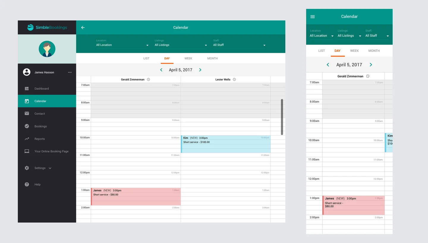 Desktop and mobile booking calendars showing navigation and filters adapted around the preserved schedule grid