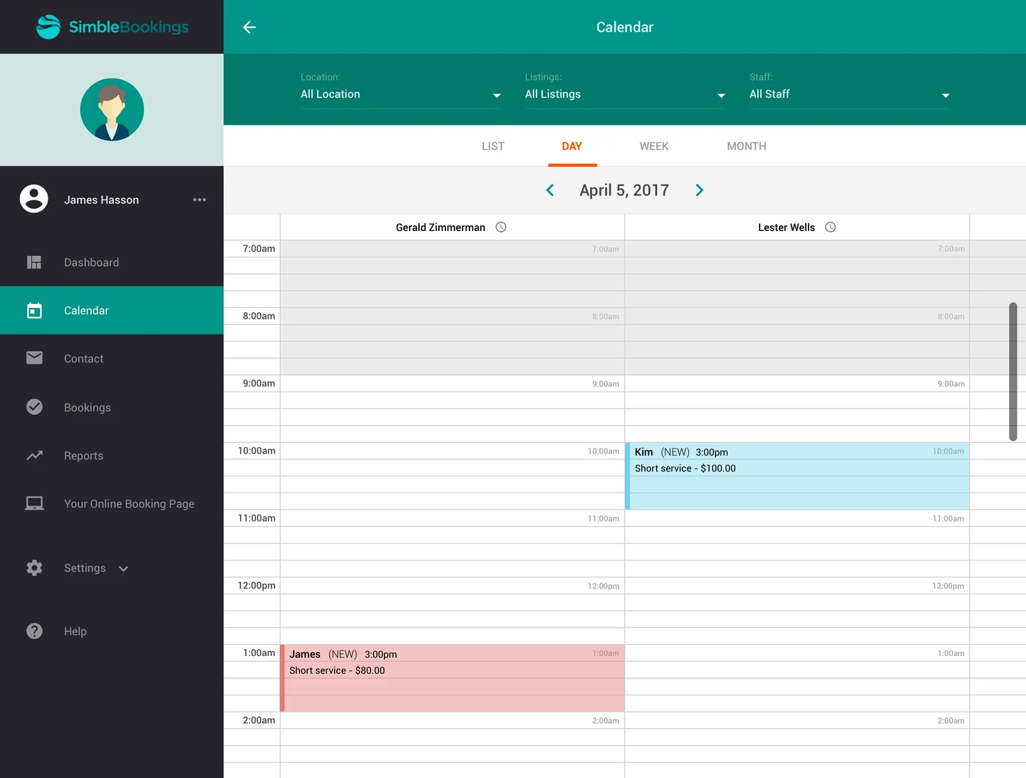 Simble Bookings day view with columns for staff, an hourly grid, colour-coded appointments and resource filters