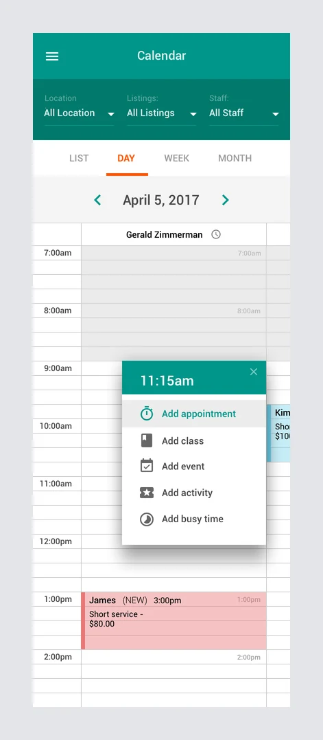 Empty booking slot menu offering appointment, class, event, activity and busy time