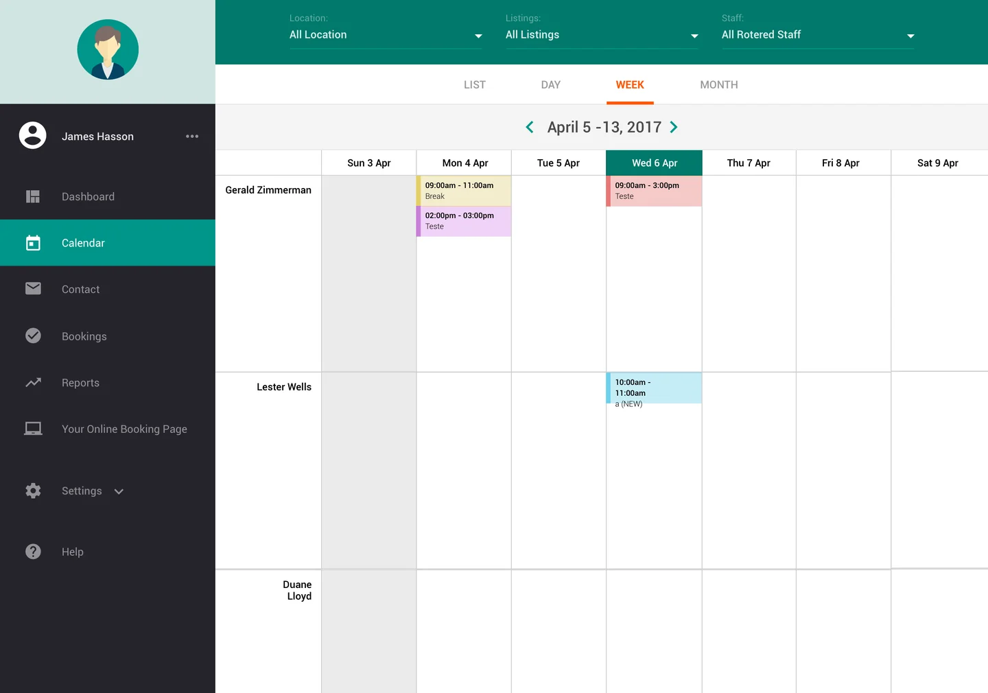 Bookings week view with staff as rows and days as columns