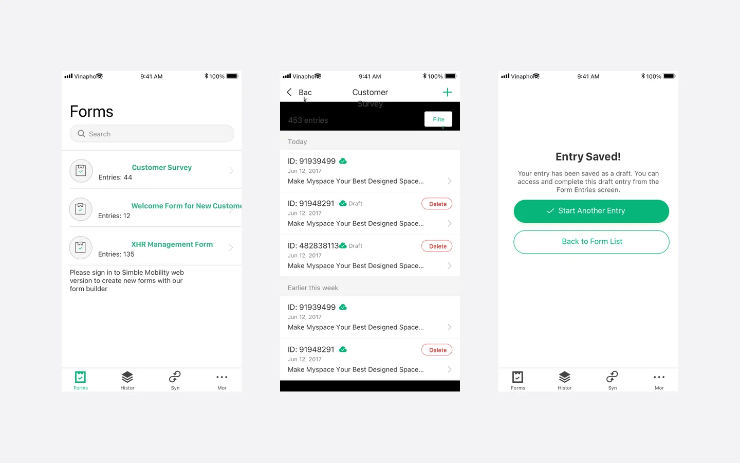 Simble Forms screens showing a form list, offline draft and sync states, and an entry-saved confirmation