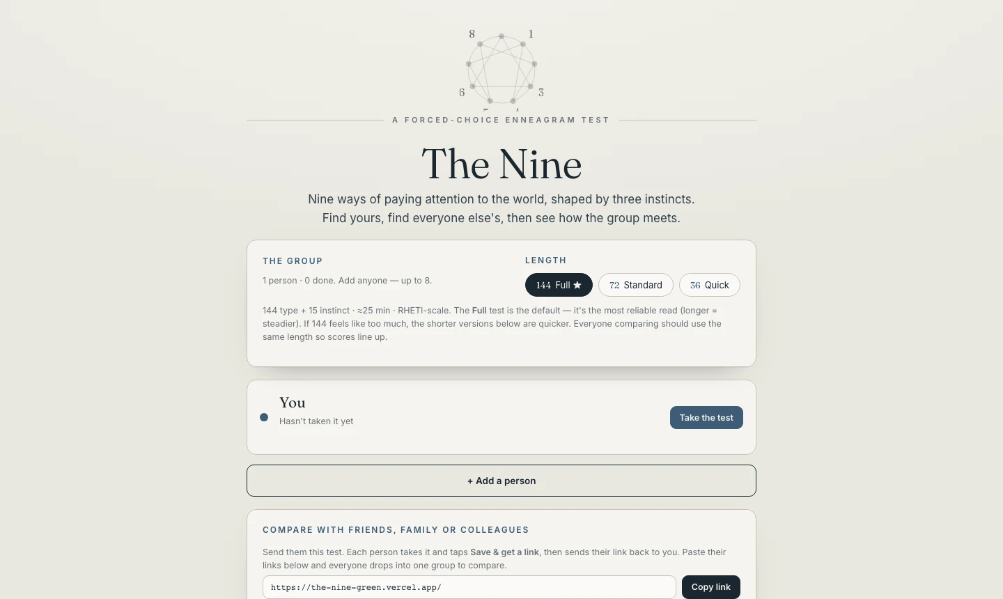 The Nine landing screen: an Enneagram symbol above the title, a group panel showing one person who hasn't taken the test yet, a test-length picker (Quick 36 / Standard 72 / Full 144), and a panel for comparing results with friends, family or colleagues.