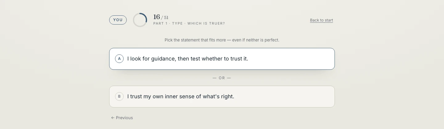 A forced-choice question card, question 16 of 51, with a partially filled progress ring and two competing statements — 'I look for guidance, then test whether to trust it' versus 'I trust my own inner sense of what's right' — plus a note that neither has to be a perfect fit.