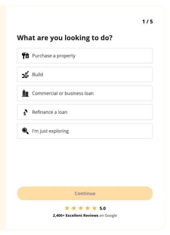 Step one of the five-step assessment widget asking what the visitor is looking to do, with five tappable intent options