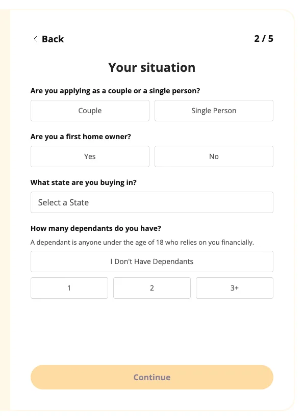 Step two of the assessment showing segmented controls for couple or single, first-home status, state selection and dependants